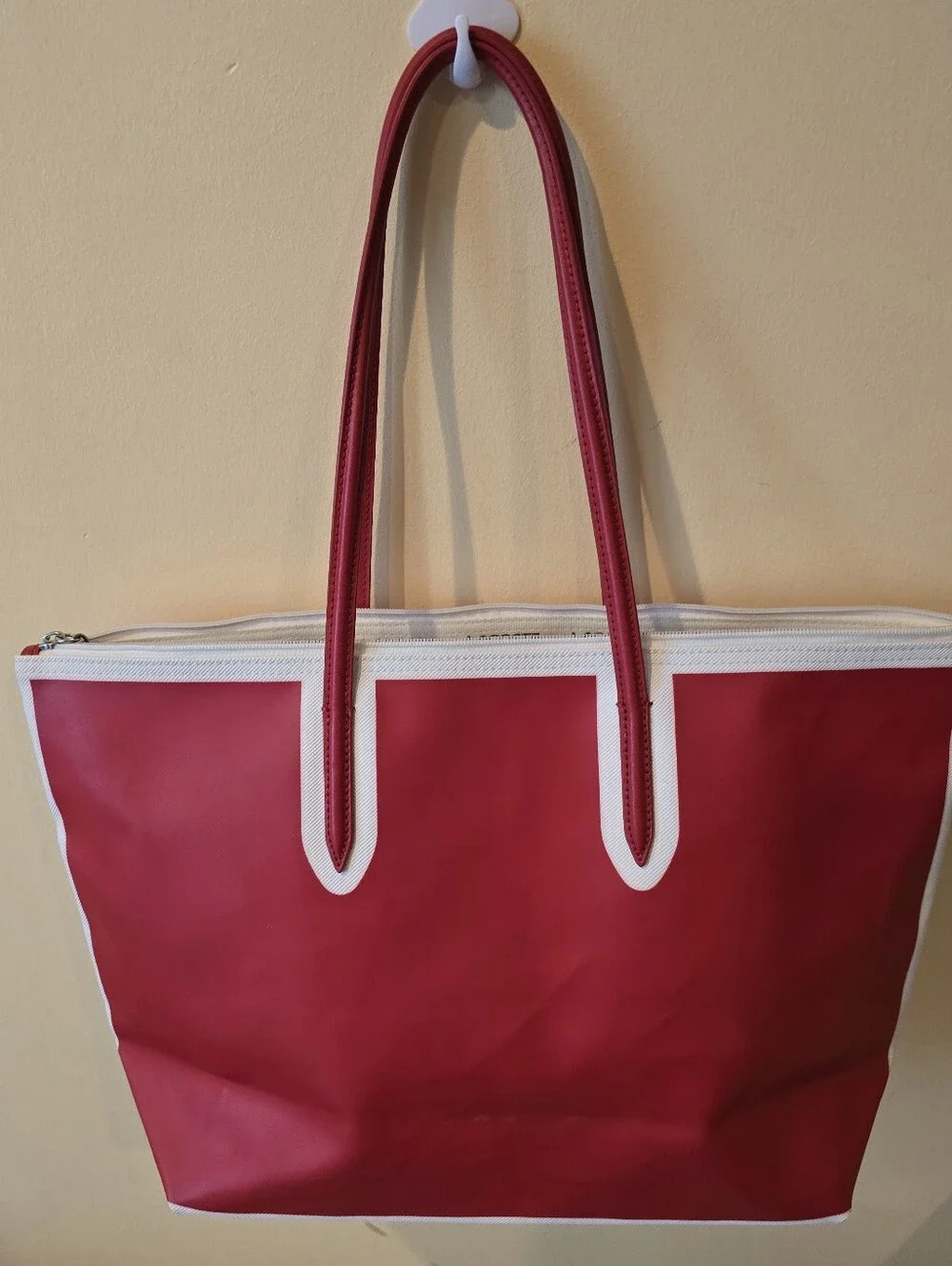 Lacoste Red White Trim L.12.12 Concept Shopping Bag Large Zipper Tote Purse